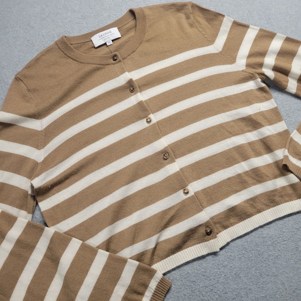 La Ligne New York Tan White Striped Cashmere Cardigan Sweater Women's Size XL - Picture 3 of 11